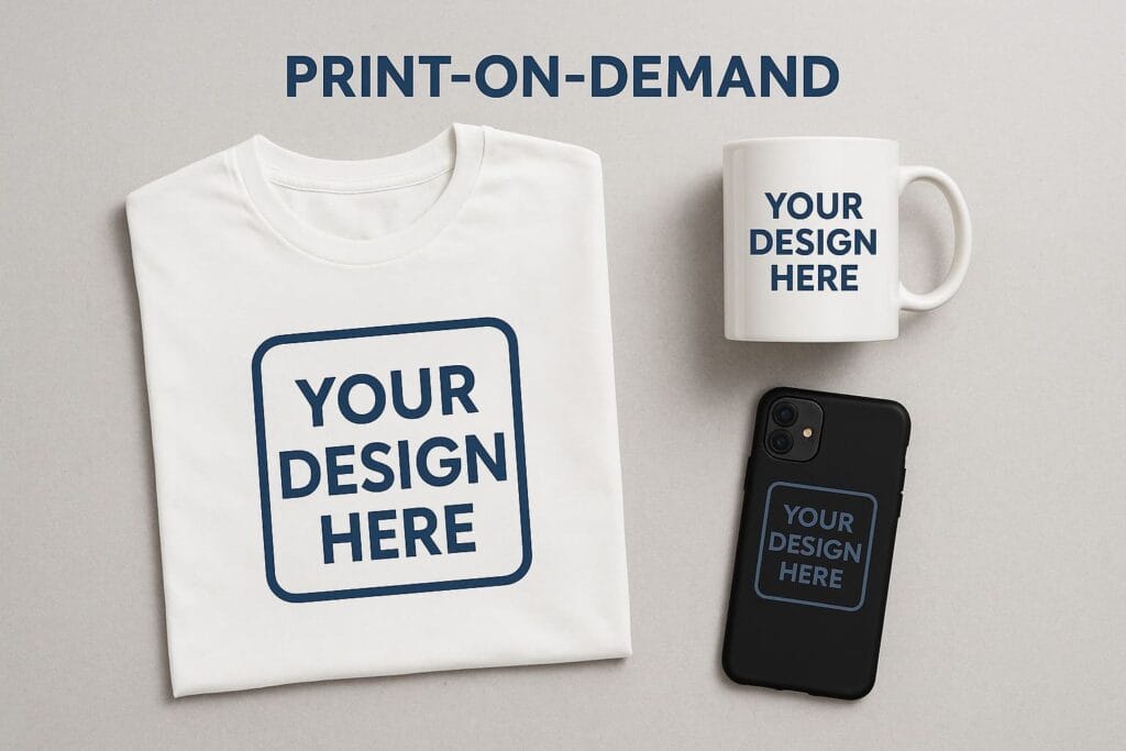 Flat lay mockup showing print-on-demand products including a white t-shirt, a mug, and a phone case, representing customizable POD merchandise.