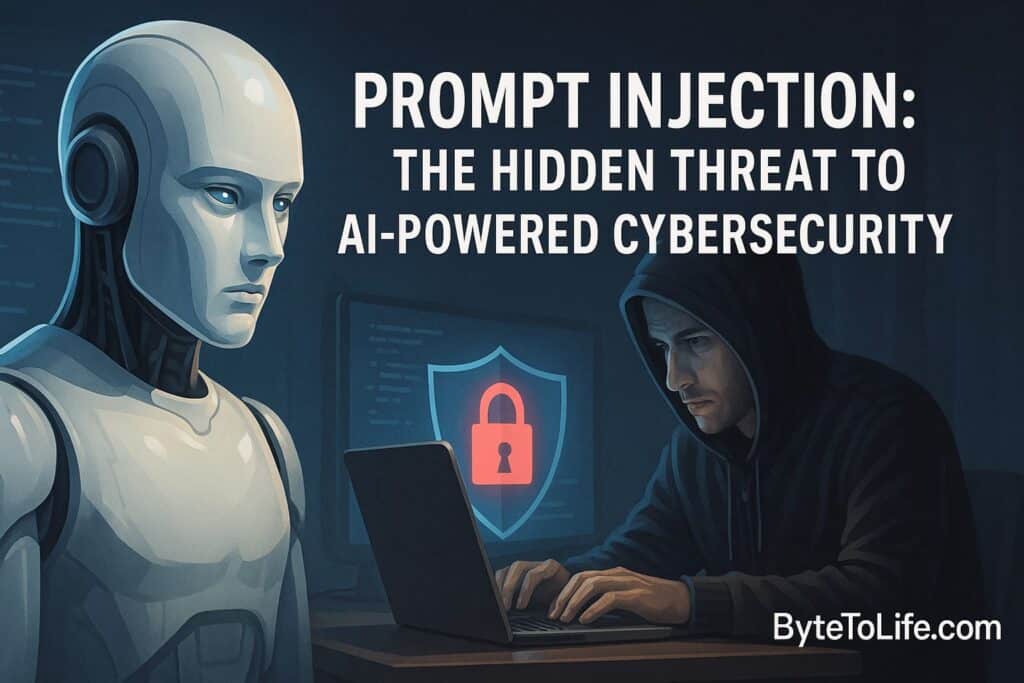 Realistic illustration of a hacker attempting a prompt injection attack against an AI system, representing cybersecurity risks.