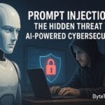 Realistic illustration of a hacker attempting a prompt injection attack against an AI system, representing cybersecurity risks.