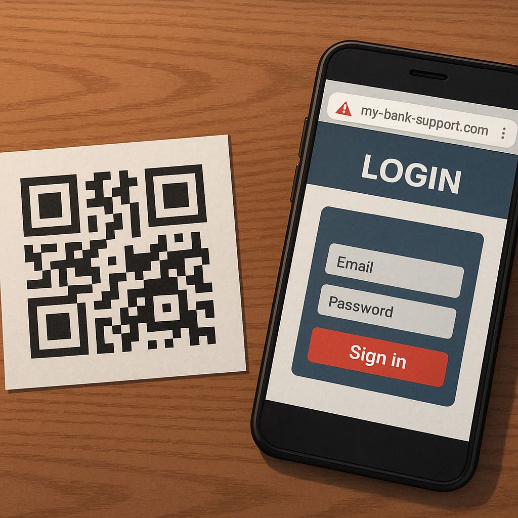 A smartphone displaying a fake login page next to a QR code, illustrating how quishing attacks redirect victims to malicious websites to steal credentials.