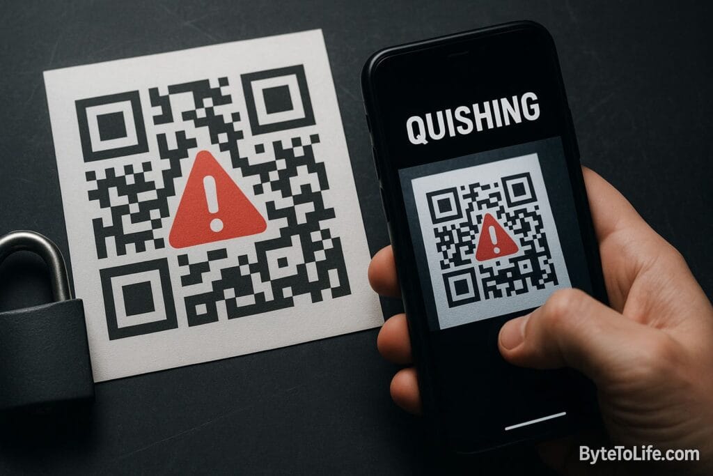 A smartphone scanning a malicious QR code with a warning icon, illustrating a cybersecurity threat known as quishing.