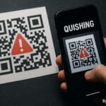 A smartphone scanning a malicious QR code with a warning icon, illustrating a cybersecurity threat known as quishing.