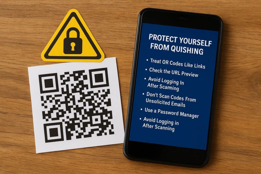 A smartphone displaying cybersecurity tips next to a QR code, illustrating practical ways to protect yourself from quishing attacks.
