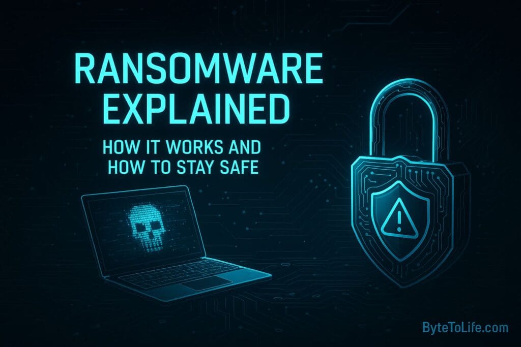 High-tech cybersecurity illustration showing ransomware lock, neon circuit design, and digital threat symbols with ByteToLife.com branding.