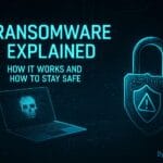 High-tech cybersecurity illustration showing ransomware lock, neon circuit design, and digital threat symbols with ByteToLife.com branding.