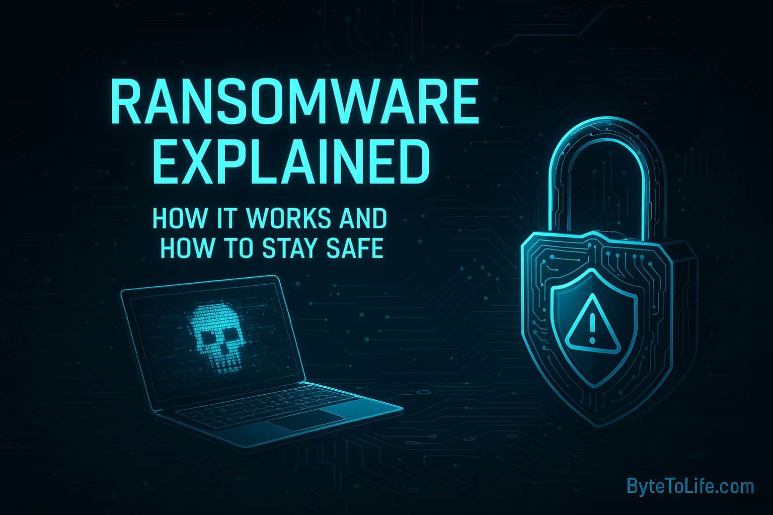 High-tech cybersecurity illustration showing ransomware lock, neon circuit design, and digital threat symbols with ByteToLife.com branding.