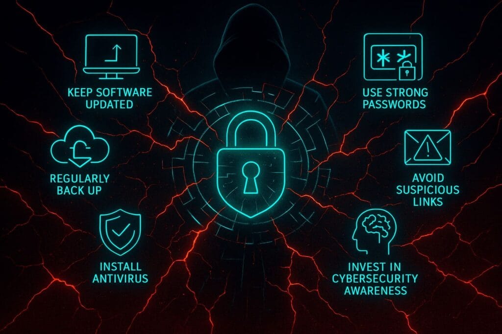 High-tech cybersecurity illustration showing ransomware protection steps such as software updates, data backups, strong passwords, avoiding suspicious links, antivirus installation, and cybersecurity awareness on a dramatic cyber-breach background.