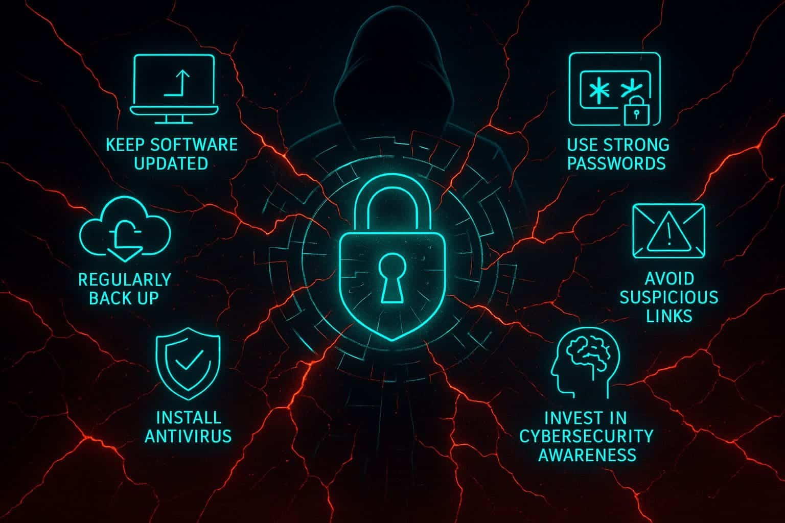 High-tech cybersecurity illustration showing ransomware protection steps such as software updates, data backups, strong passwords, avoiding suspicious links, antivirus installation, and cybersecurity awareness on a dramatic cyber-breach background.