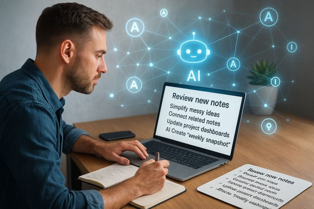 A realistic scene of a man reviewing digital notes with AI-generated holographic elements, representing automated weekly, monthly, and quarterly maintenance inside an AI-powered Second Brain.