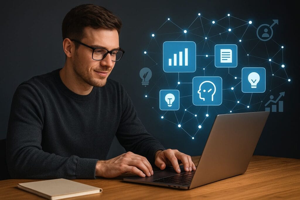 A realistic scene of a man working at his desk with digital tools, representing how an AI-powered Second Brain supports work, learning, creativity, and personal growth.