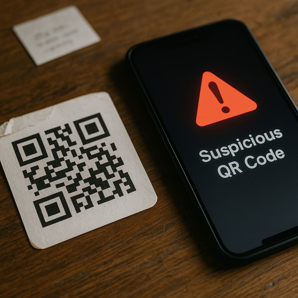 A smartphone displaying a warning about a suspicious QR code next to a stickered QR code, illustrating red flags in QR code security.