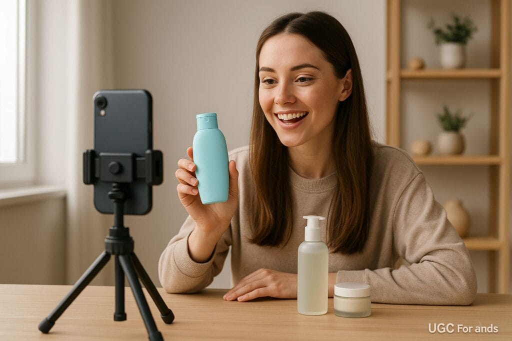 A young woman recording a product review using her smartphone on a tripod, representing user-generated content for brands.