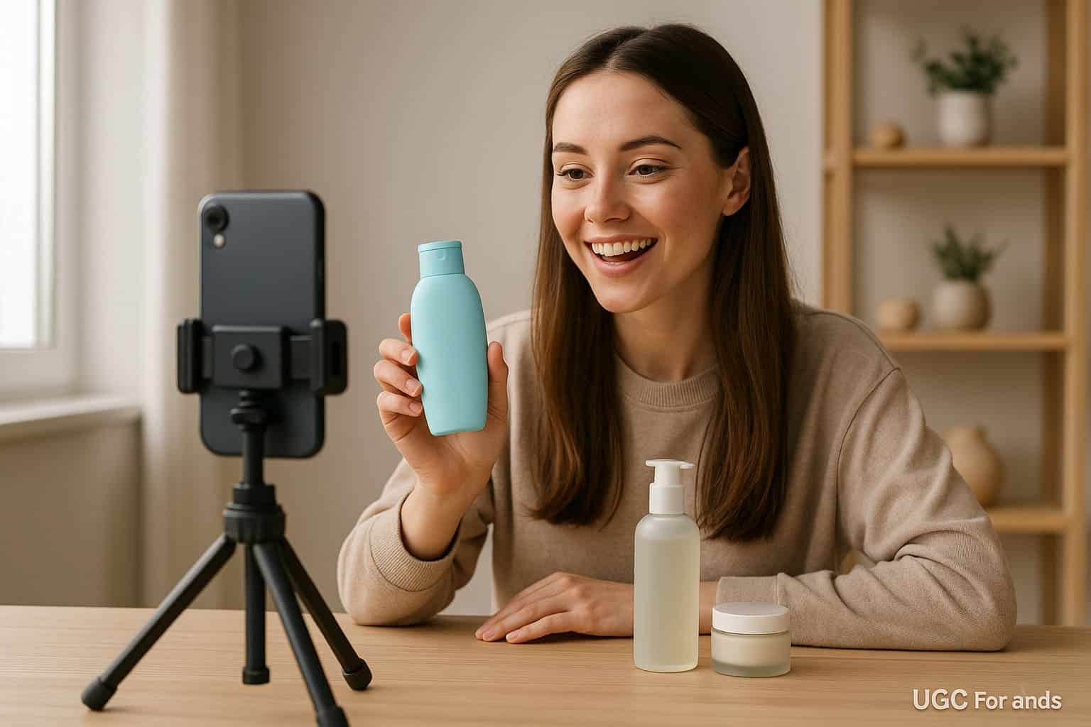 A young woman recording a product review using her smartphone on a tripod, representing user-generated content for brands.