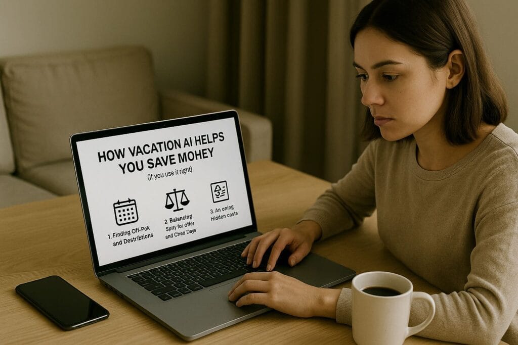 A young woman reviewing money-saving travel tips generated by an AI trip planner on her laptop.