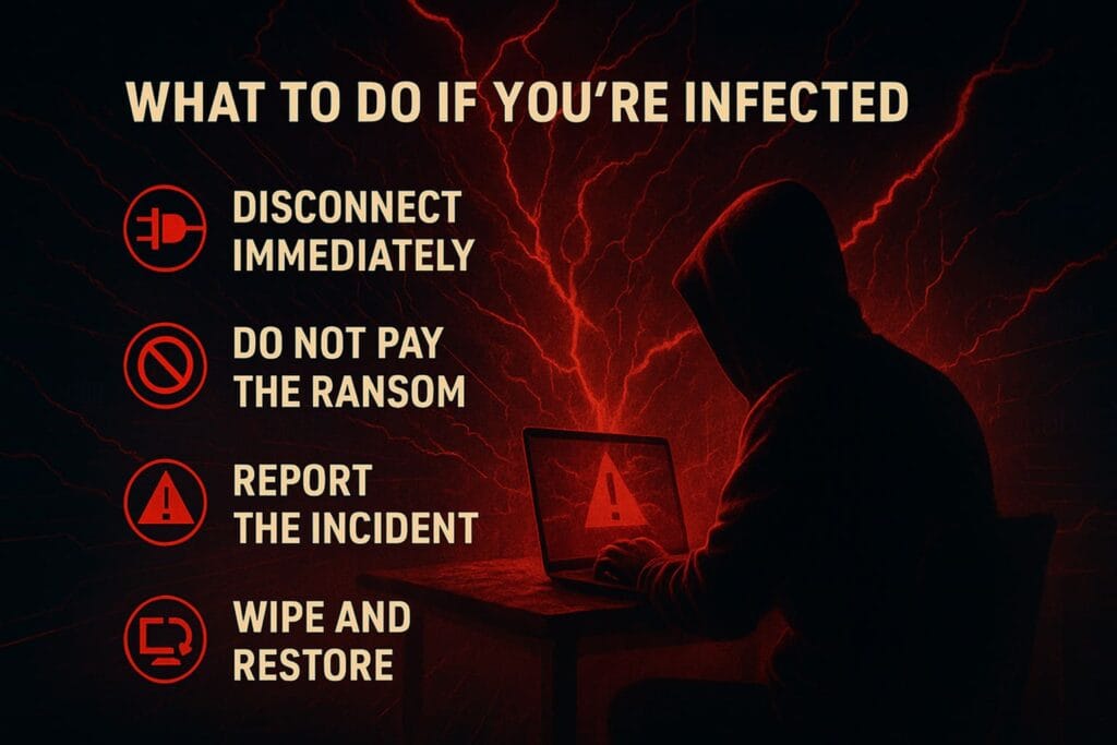 Dramatic cyber-breach illustration showing key ransomware response steps: disconnect immediately, do not pay the ransom, report the incident, and wipe and restore the system.
