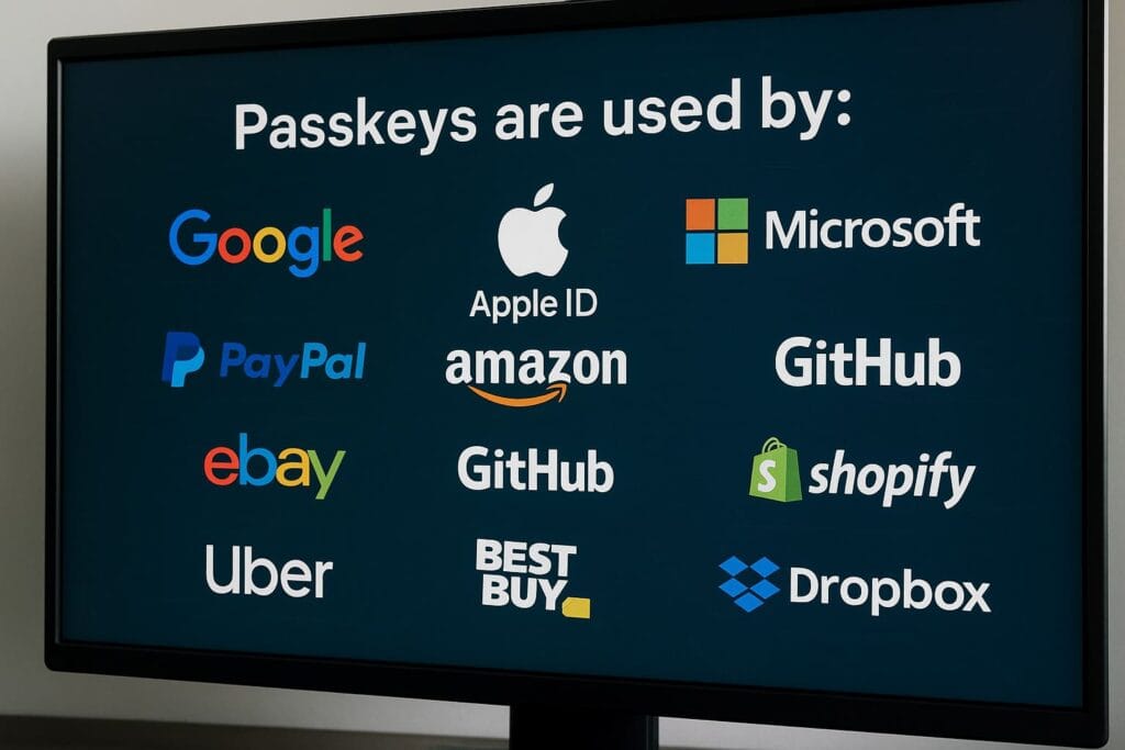 Cybersecurity image displaying various apps and services that currently support passkeys.
