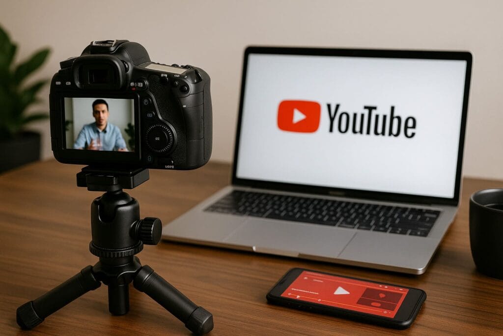 A realistic YouTube creator setup with a camera on a tripod recording a person while a laptop displays the YouTube homepage.