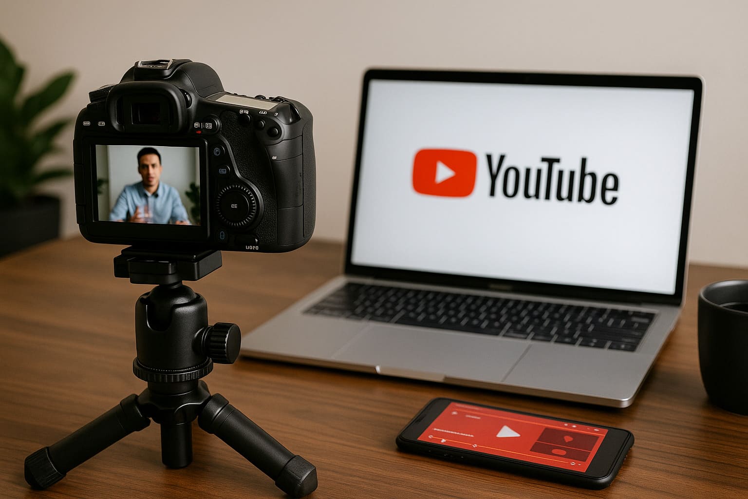 A realistic YouTube creator setup with a camera on a tripod recording a person while a laptop displays the YouTube homepage.