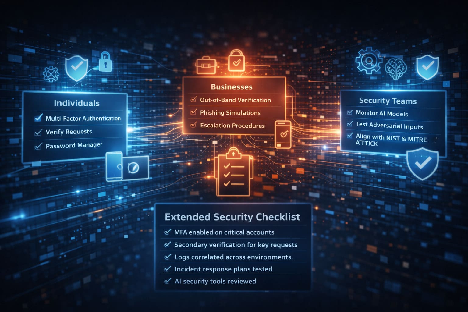 Futuristic illustration showing actionable cybersecurity steps to defend against AI-powered threats, including MFA, verification, and monitoring