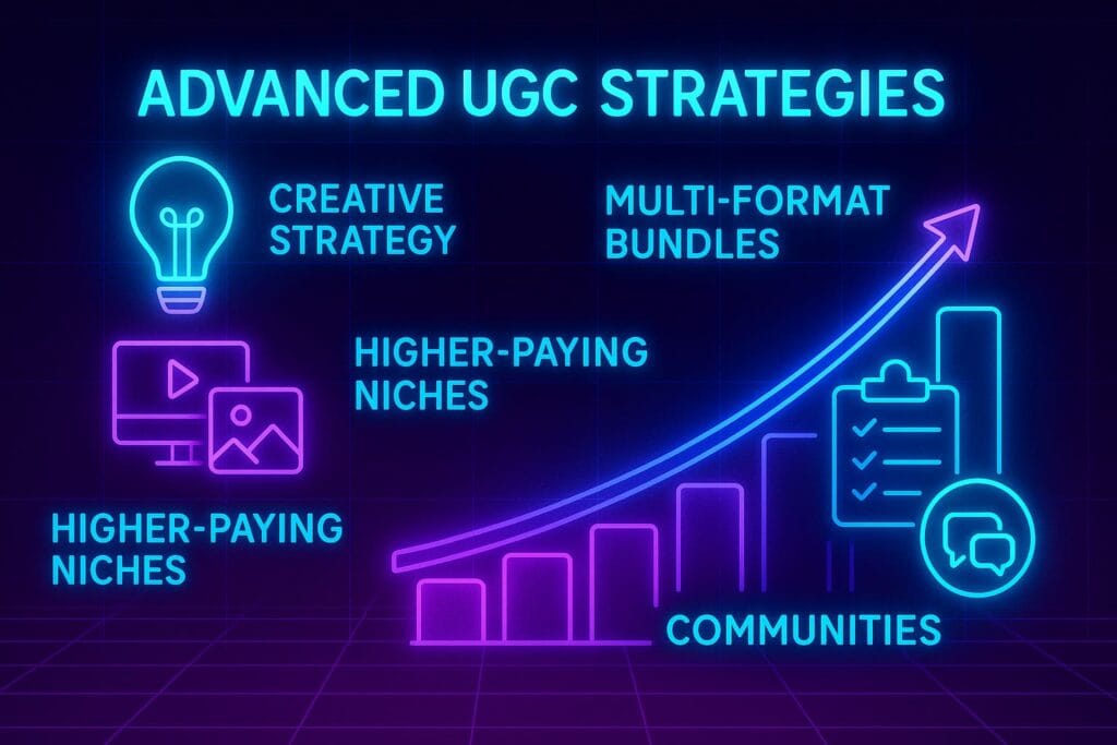 Neon futuristic illustration showing advanced UGC creator strategies such as creative strategy, multi-format bundles, high-paying niches, workflow systems, and community networking.
