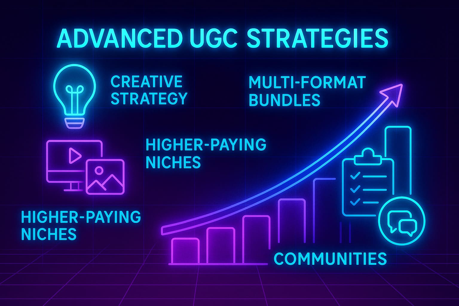 Neon futuristic illustration showing advanced UGC creator strategies such as creative strategy, multi-format bundles, high-paying niches, workflow systems, and community networking.
