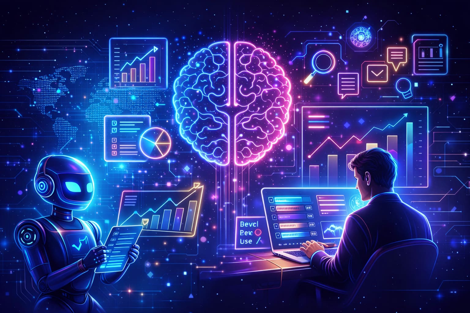 Futuristic neon illustration of AI data analysis tools supporting decision-making and digital productivity