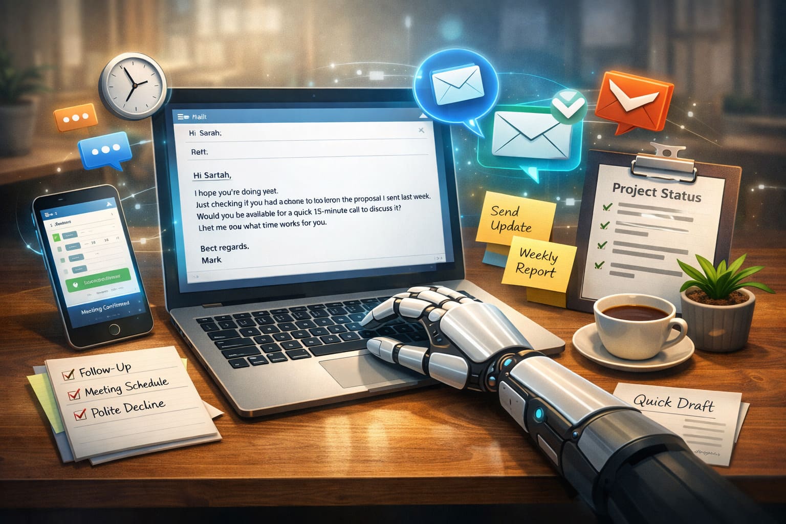 AI-assisted email automation showing a smart workspace where artificial intelligence helps draft follow-up emails, schedule meetings, and write polite responses efficiently without losing personal tone