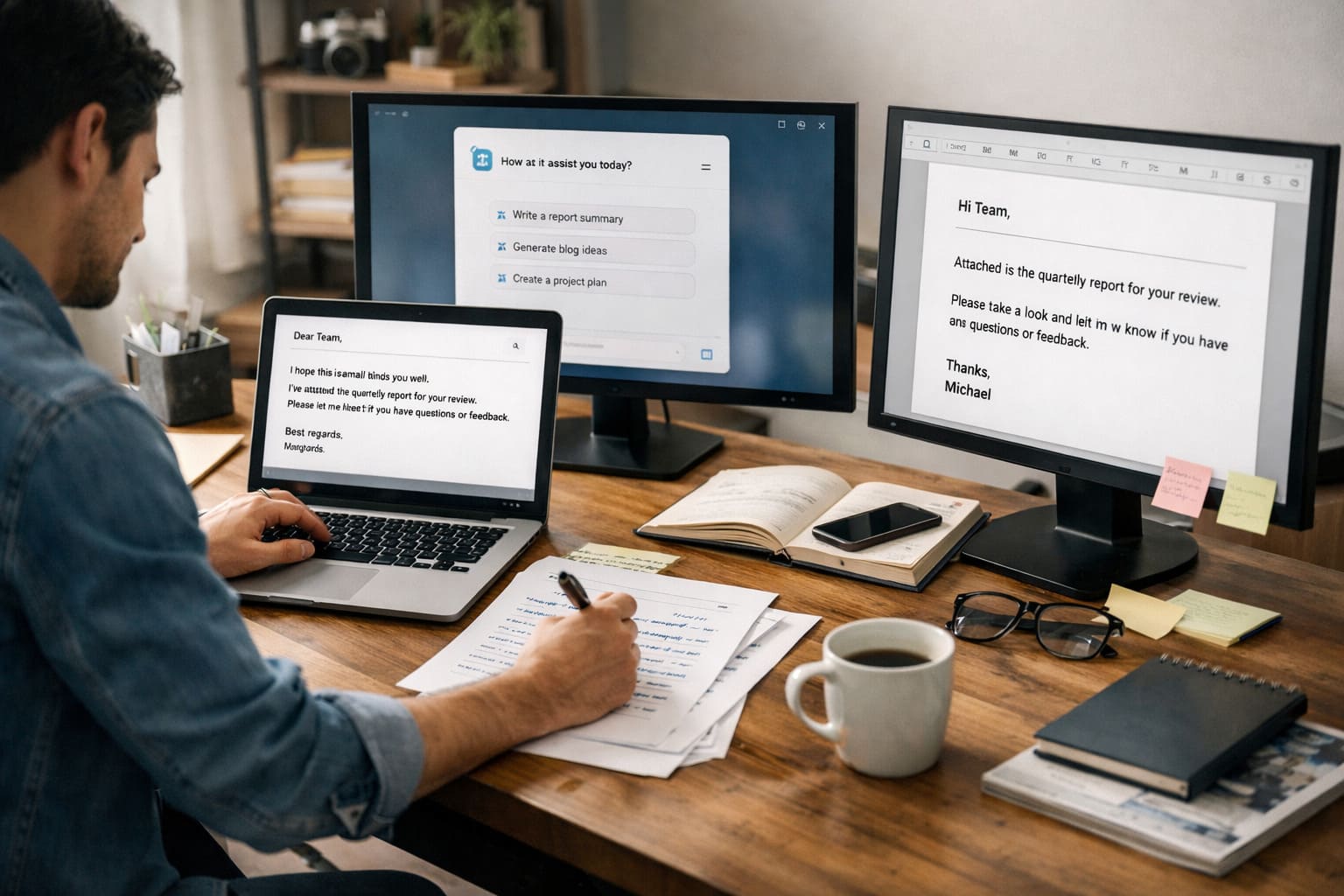 A professional refining an AI-generated first draft on a laptop, combining AI assistance with human judgment to improve productivity