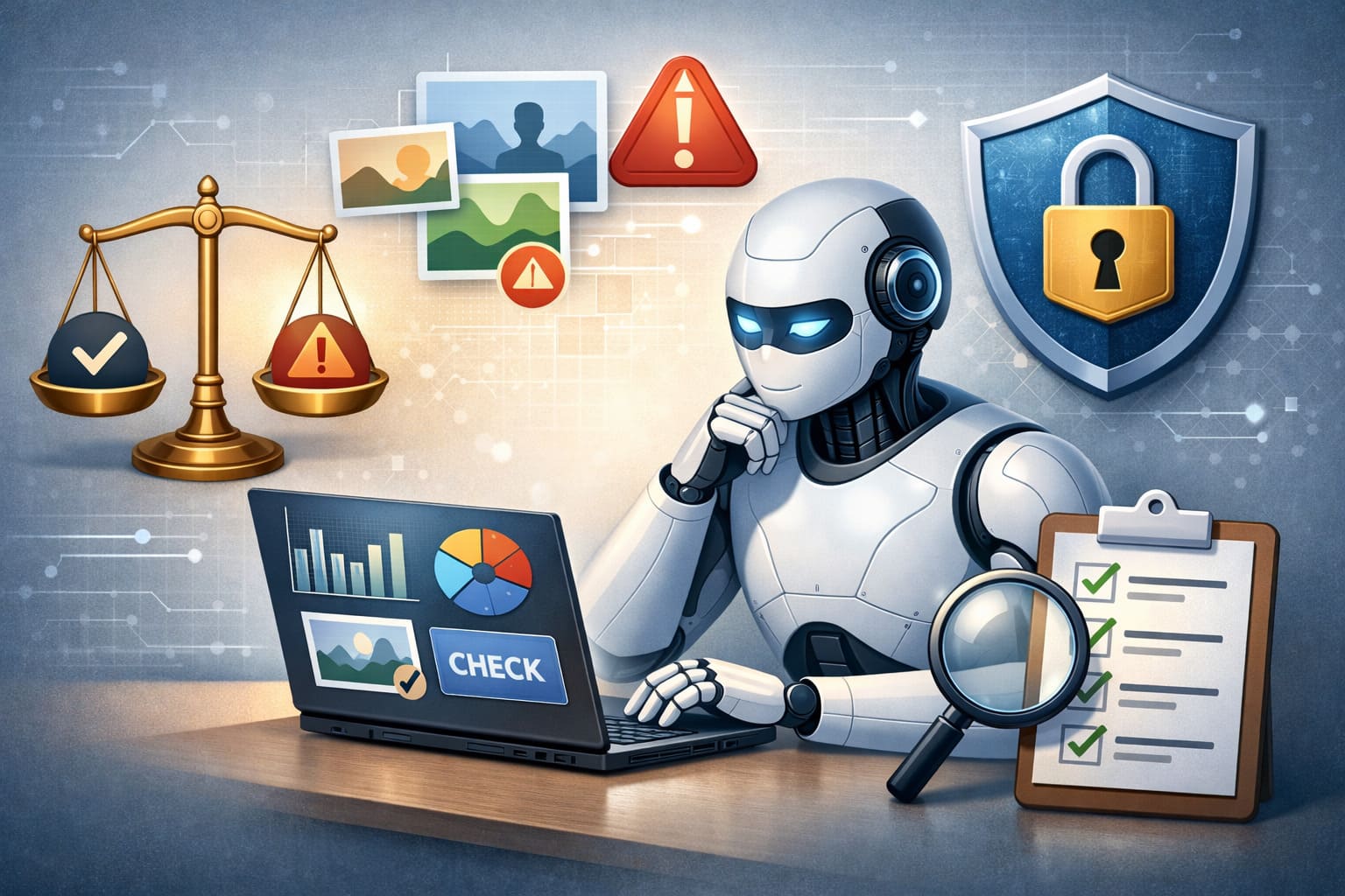 Illustration of AI-assisted productivity focusing on responsible AI use, data quality, bias awareness, and security governance in digital workflows