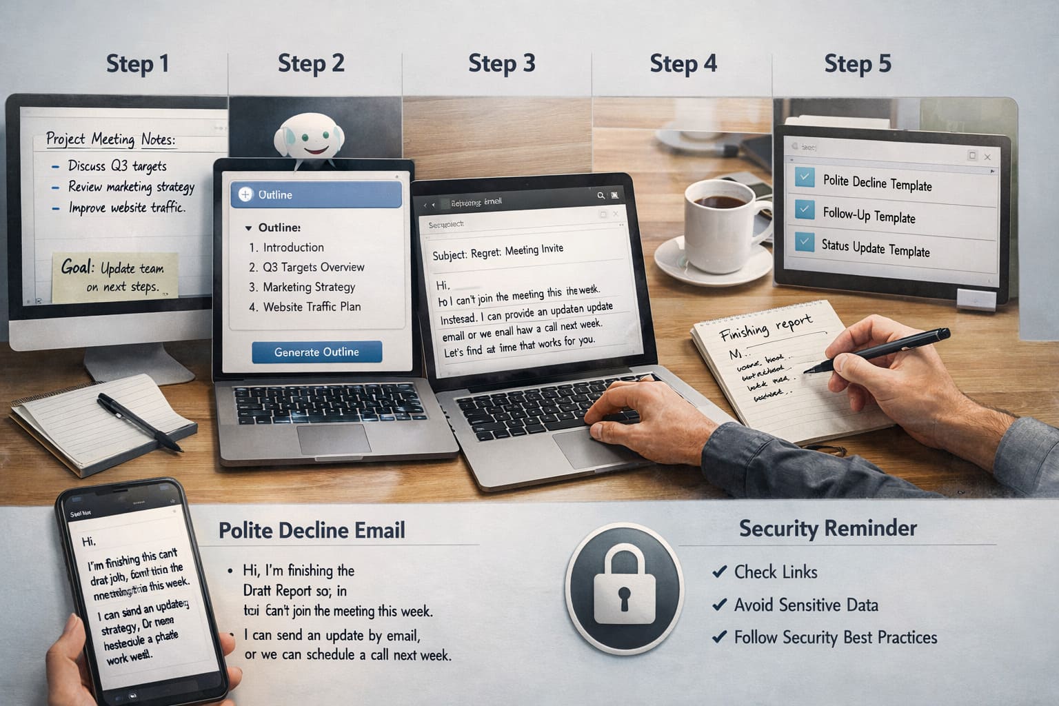 A realistic workspace showing an AI-assisted productivity workflow, from rough notes to structured outlines, drafted emails, human editing, and reusable prompt templates.