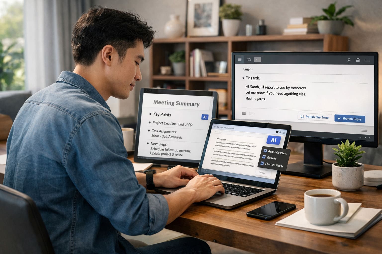 A professional using AI tools to improve productivity through writing assistance, meeting summaries, and faster email drafting in a modern digital workspace.