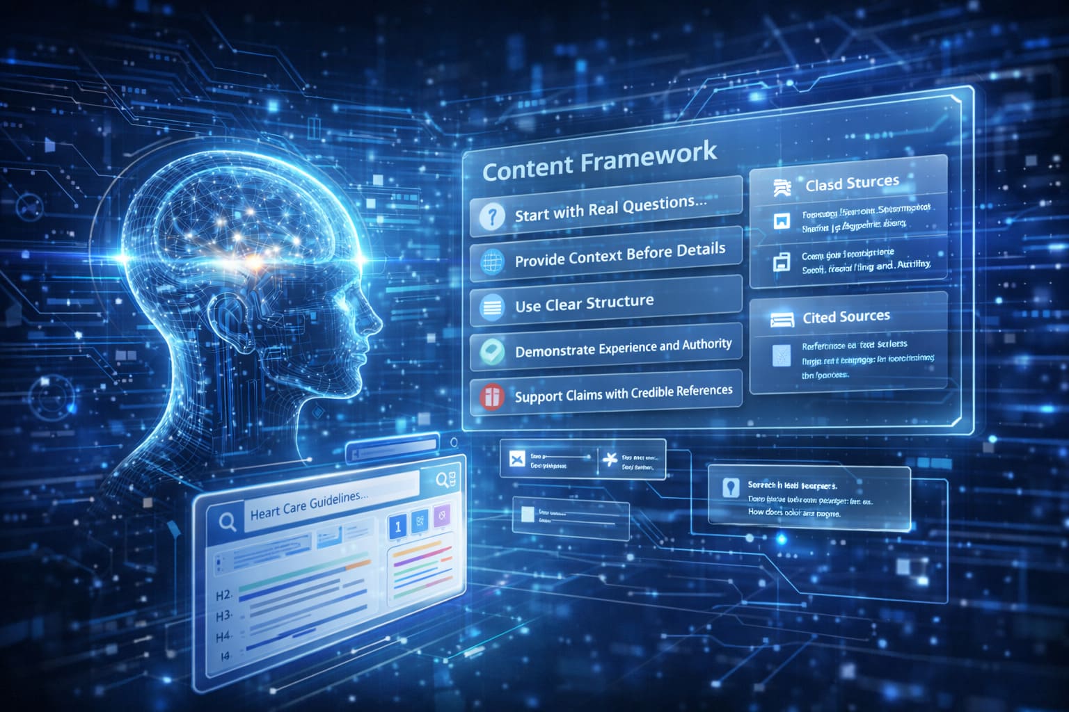 Abstract AI system visualizing a structured content framework evaluated by AI Mode