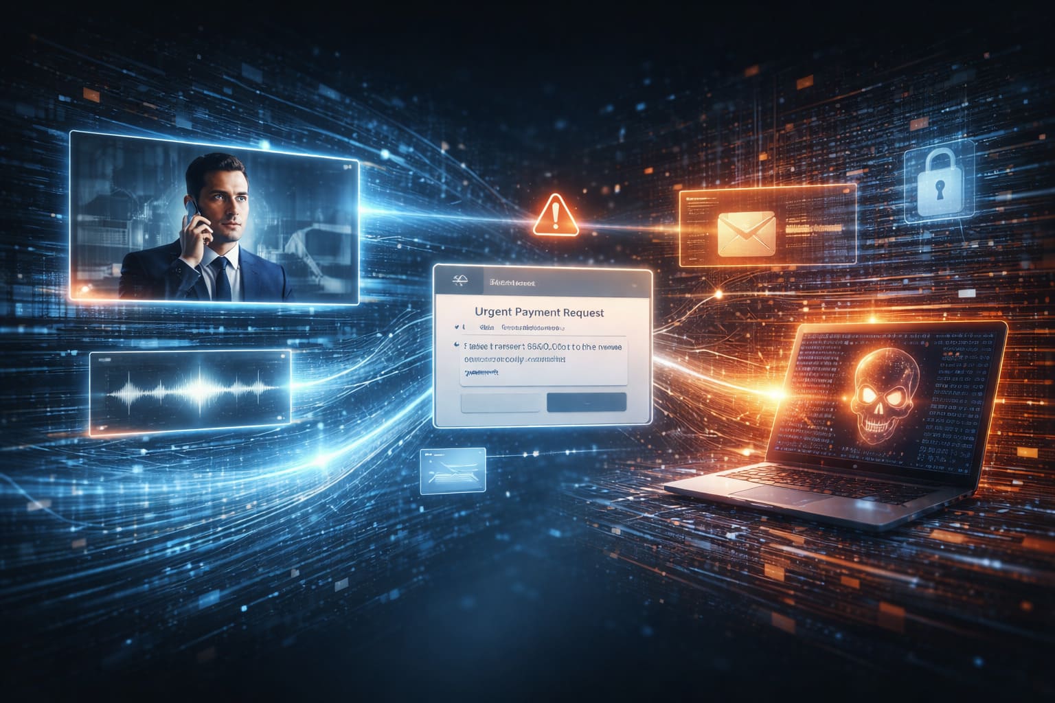 Futuristic illustration showing real-world AI cybercrime examples including deepfake impersonation, phishing emails, and adaptive malware