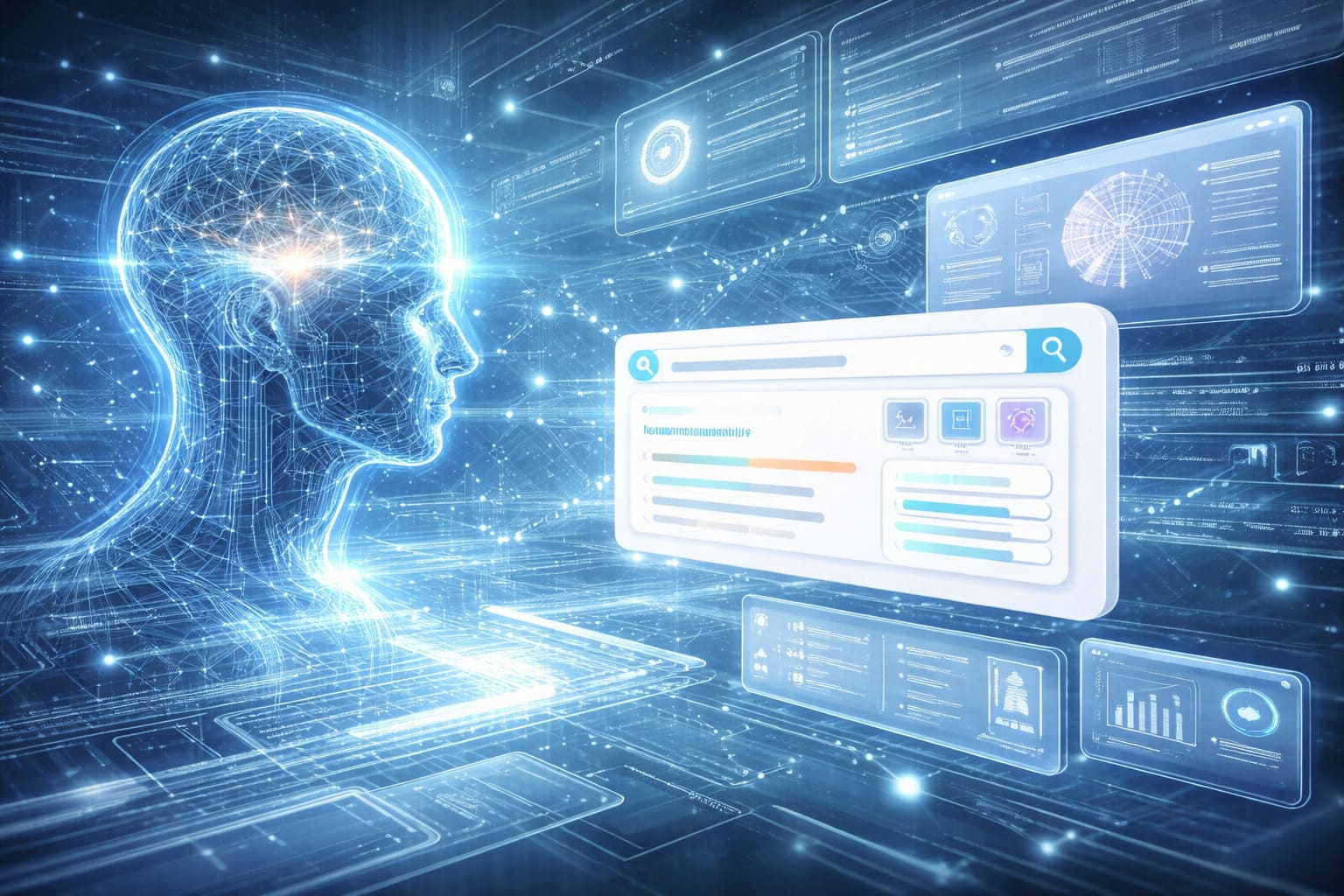 Futuristic AI system analyzing search intent, language, and context behind the scenes