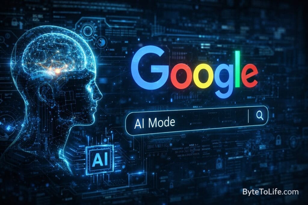 AI Mode in Google Search visualized with dark high-tech security and artificial intelligence interface