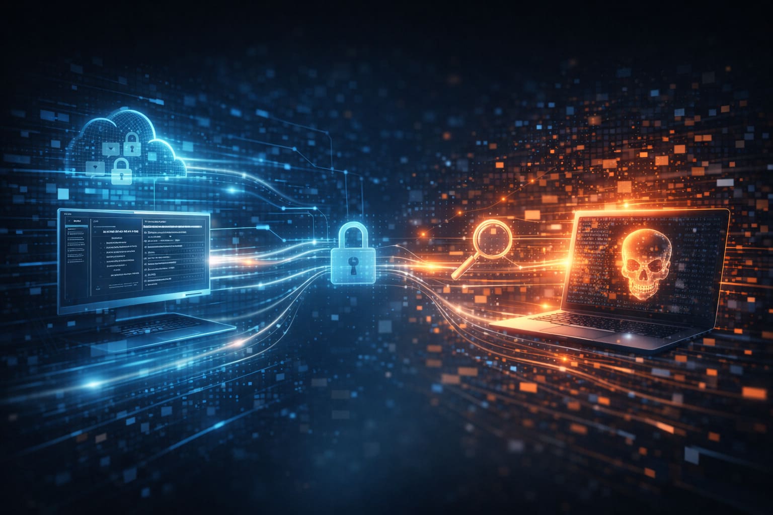 Futuristic illustration showing AI-powered cyberattacks bypassing traditional security controls through adaptive and fragmented behavior