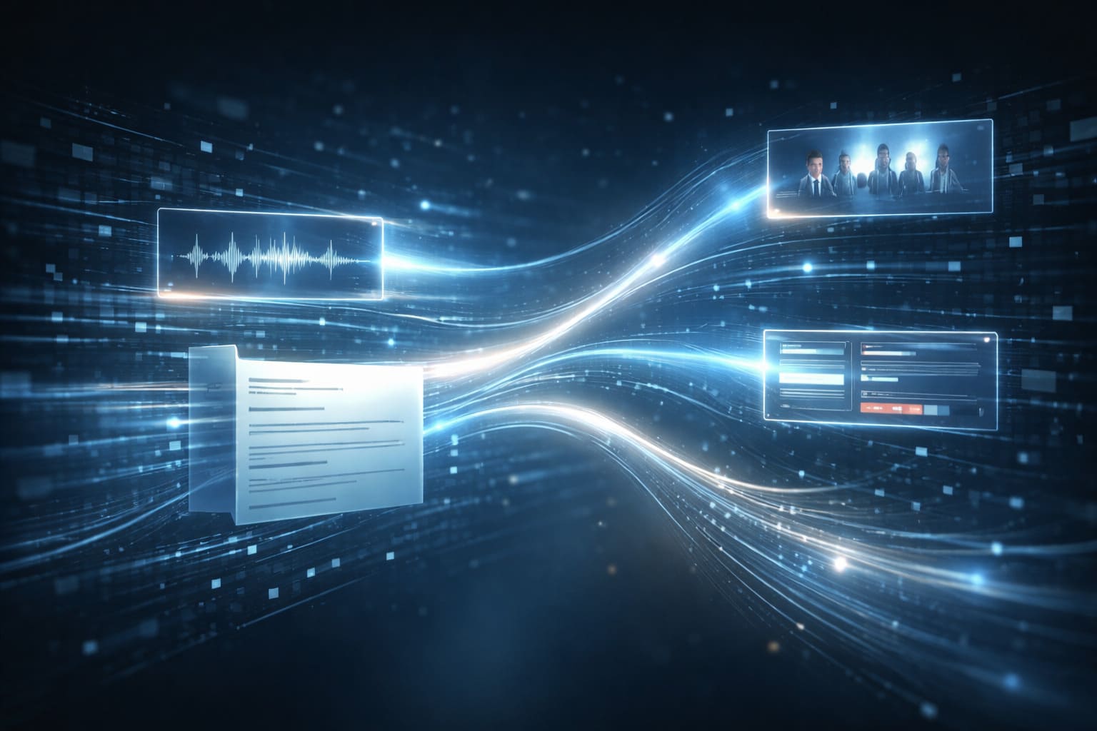 Abstract futuristic illustration showing adaptive AI-powered cyberattacks manipulating digital text, audio, and data flows