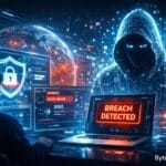 Futuristic illustration showing AI-powered cyberattacks and digital security defense systems monitoring a cyber threat