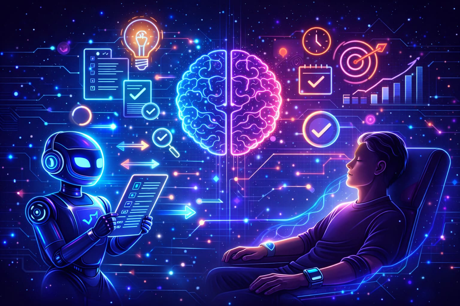 Futuristic neon illustration showing AI-assisted productivity reducing stress, decision fatigue, and improving mental well-being