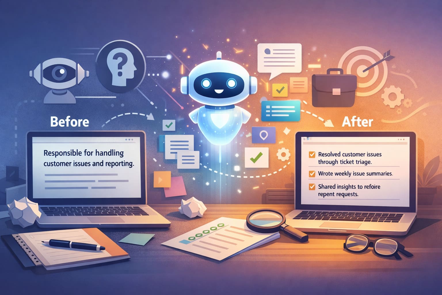 AI helping improve resume clarity and structure with a before and after comparison for digital productivity