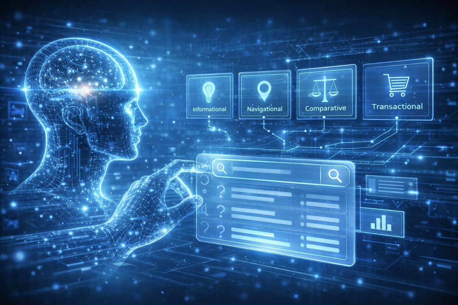 Futuristic AI system analyzing user search intent categories and decision behavior