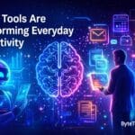 Futuristic illustration showing AI tools transforming everyday productivity with neon glow technology