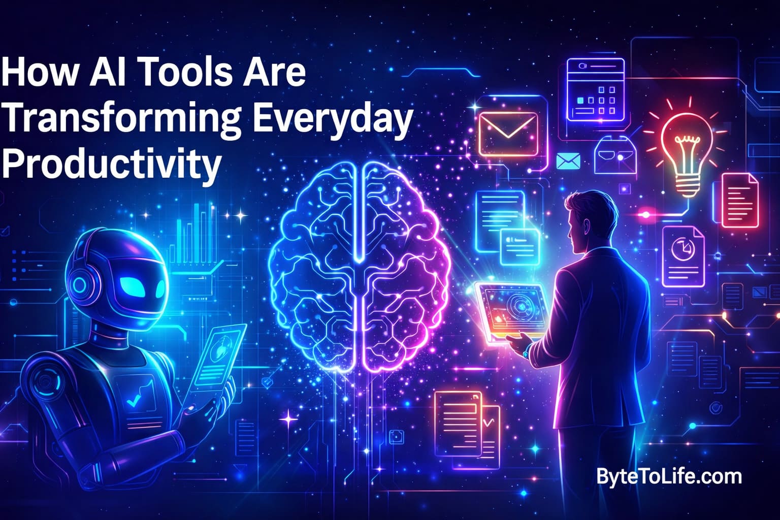 Futuristic illustration showing AI tools transforming everyday productivity with neon glow technology