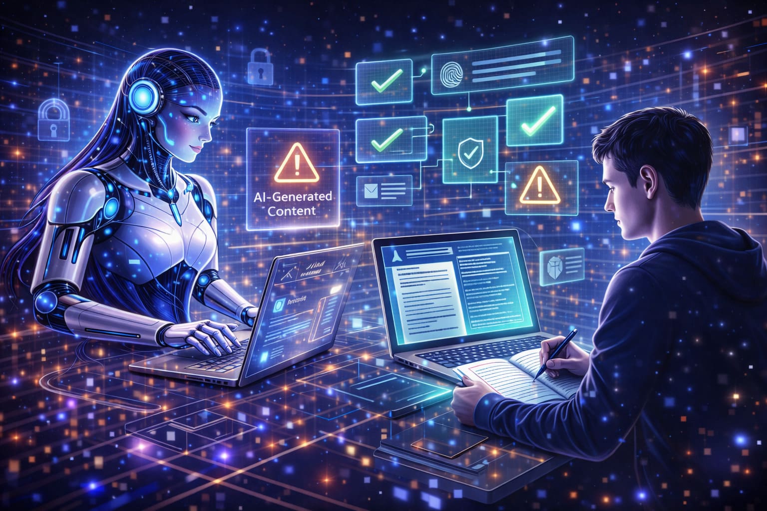 Futuristic scene showing responsible AI writing practices, with a human reviewing AI-generated content for originality and accuracy
