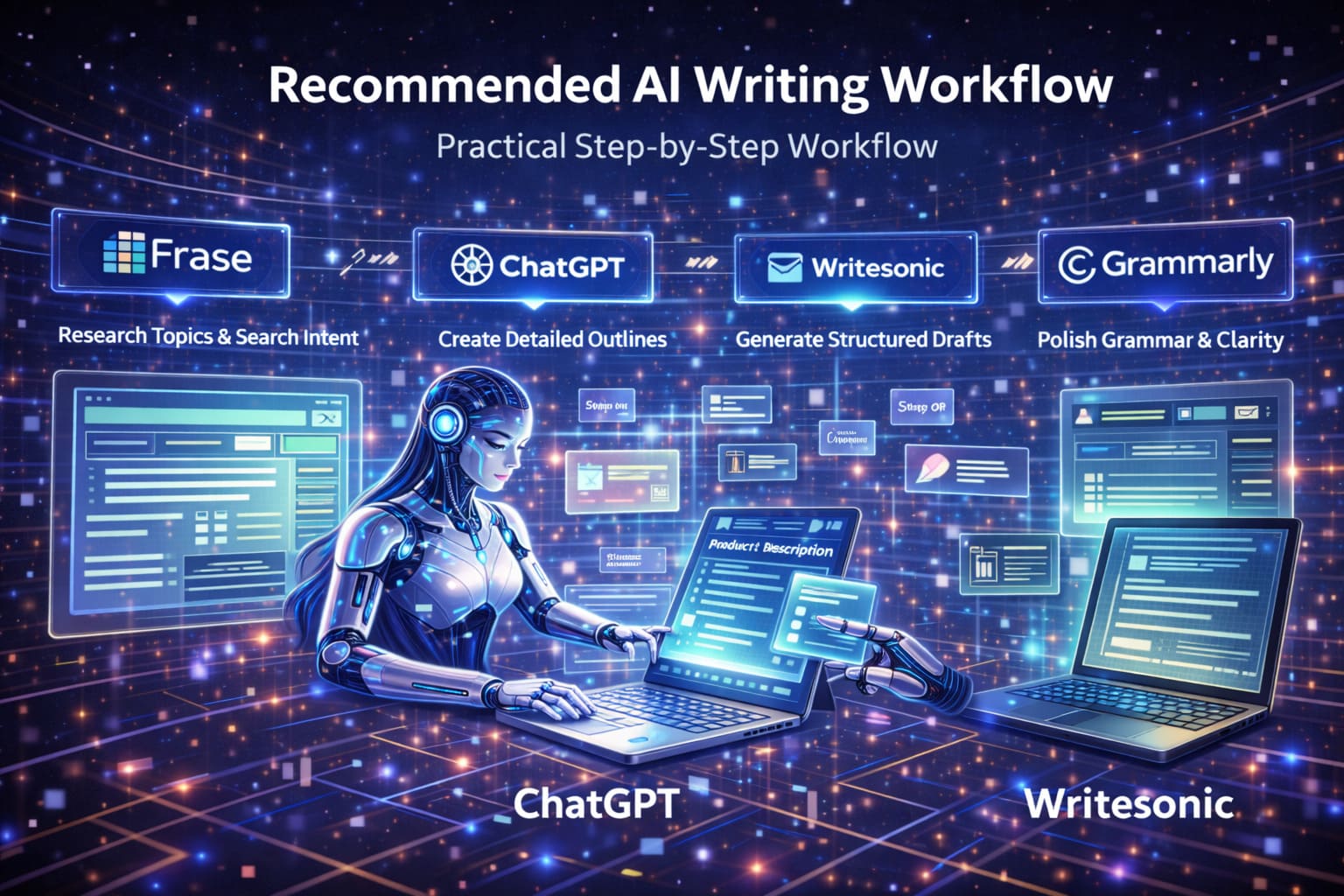 Futuristic AI writing workflow showing step-by-step content creation from research and outlining to drafting and editing