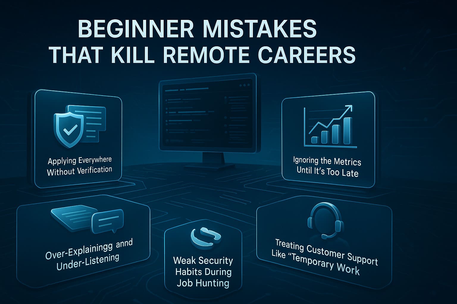 High-tech realistic illustration showing common beginner mistakes in remote customer support careers and how to avoid them