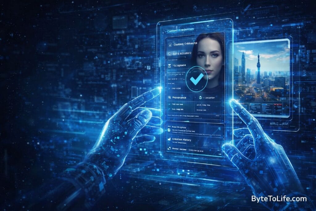 Futuristic AI interface showing content credentials (C2PA) used to verify AI-generated images and videos with digital provenance