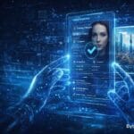 Futuristic AI interface showing content credentials (C2PA) used to verify AI-generated images and videos with digital provenance