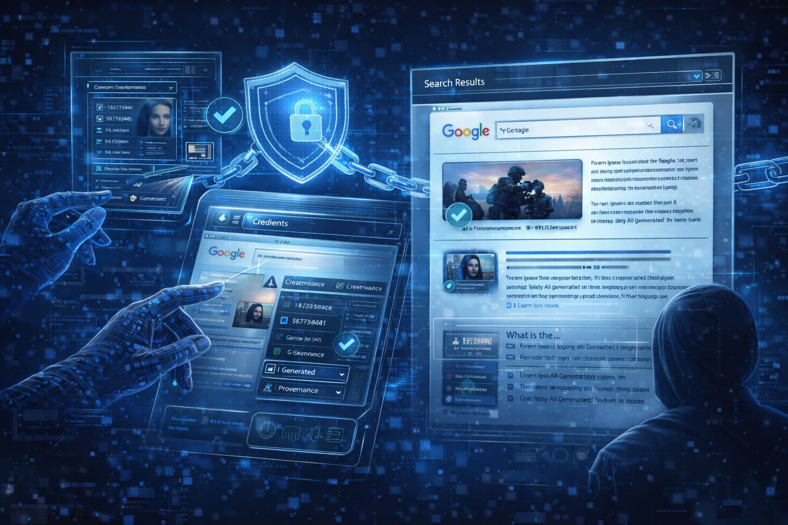 Futuristic AI illustration showing how content credentials and provenance metadata support SEO visibility, trust, and credibility for publishers