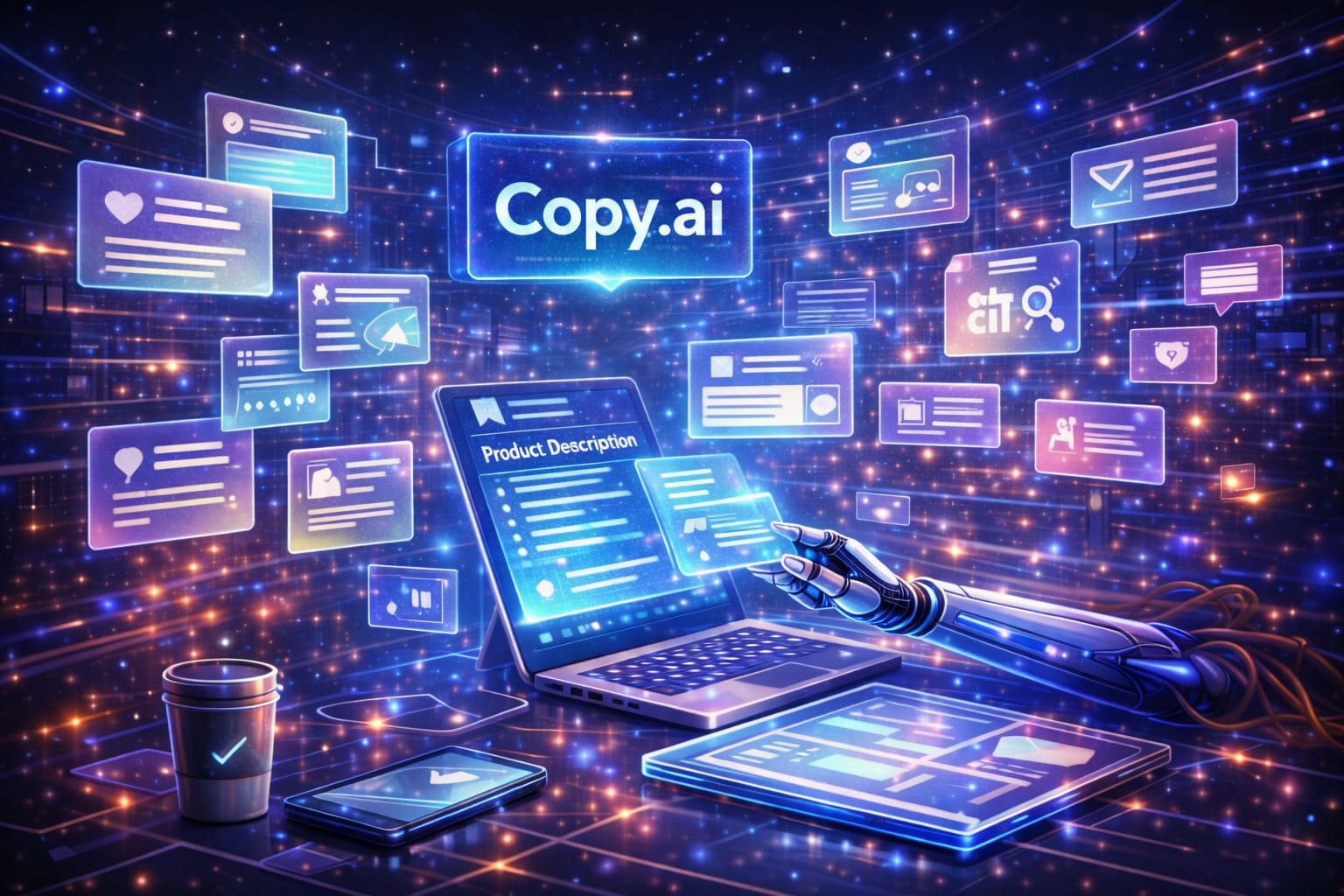 Futuristic AI copywriting assistant representing Copy.ai generating short-form marketing content such as social media captions and product descriptions